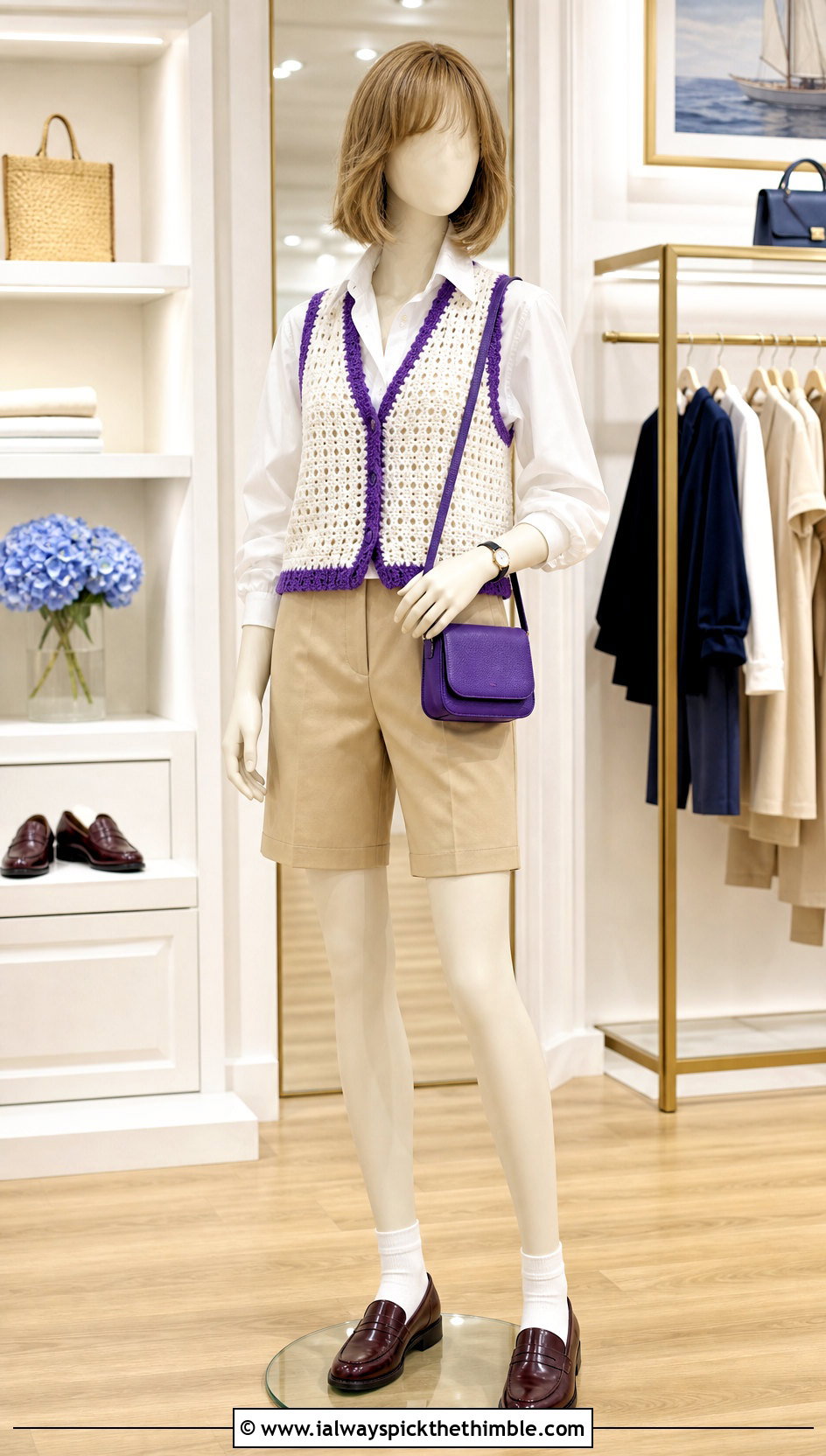 White Crochet Vest Top With Poplin Shirt And Bermuda Shorts - 15 white crochet top on mannequin outfit ideas