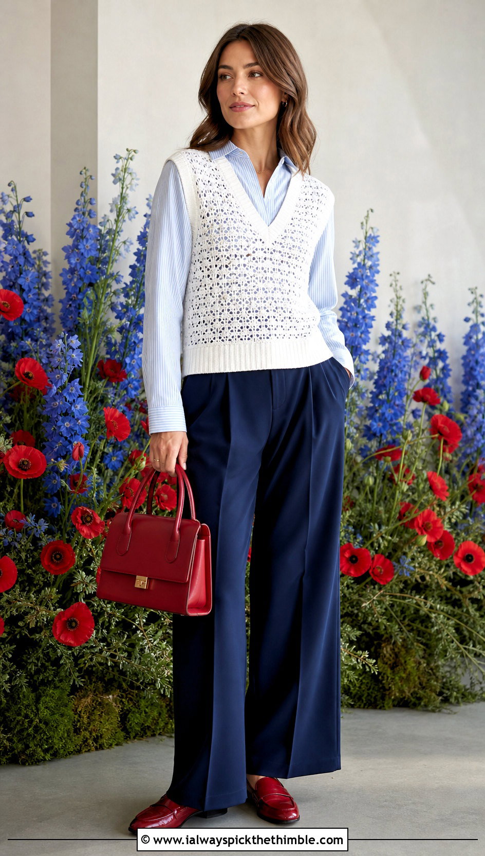 White Crochet Vest With Striped Shirt And Pleated Trousers - 15 white crochet top on floral background outfit ideas