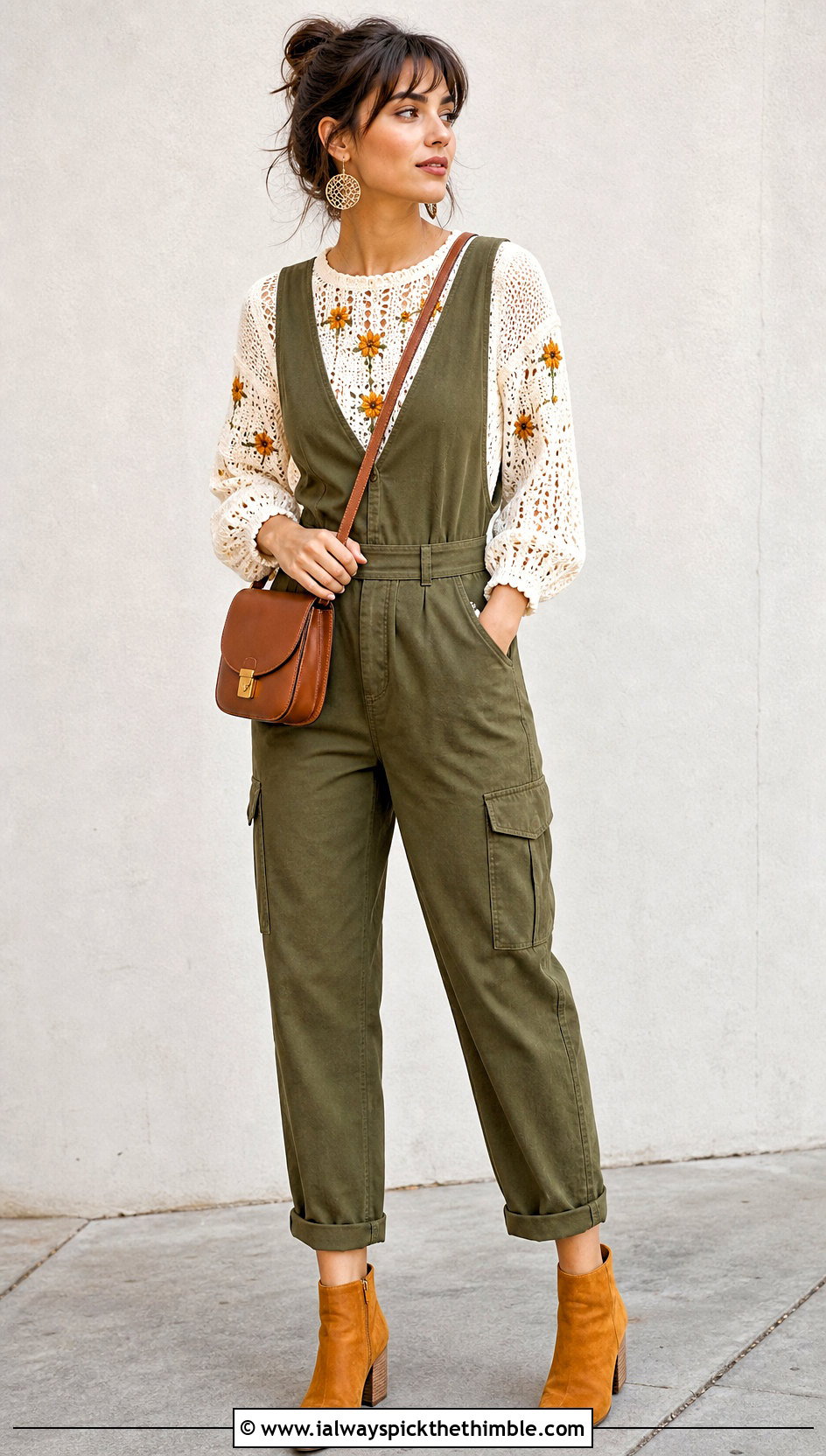 White Crochet Yoke Blouse With Utility Jumpsuit - 15 white crochet blouse outfit ideas