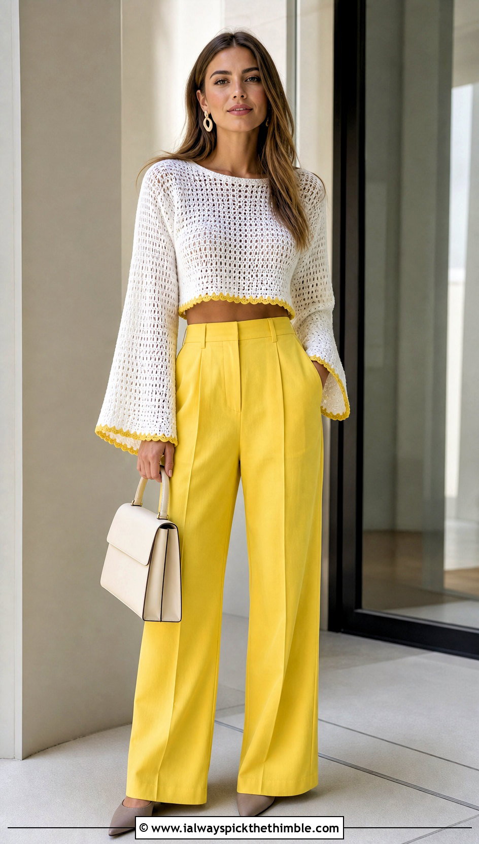 White Cropped Bell Sleeve Crochet Sweater With Wide Leg Pants - 25 crochet white sweater outfit ideas