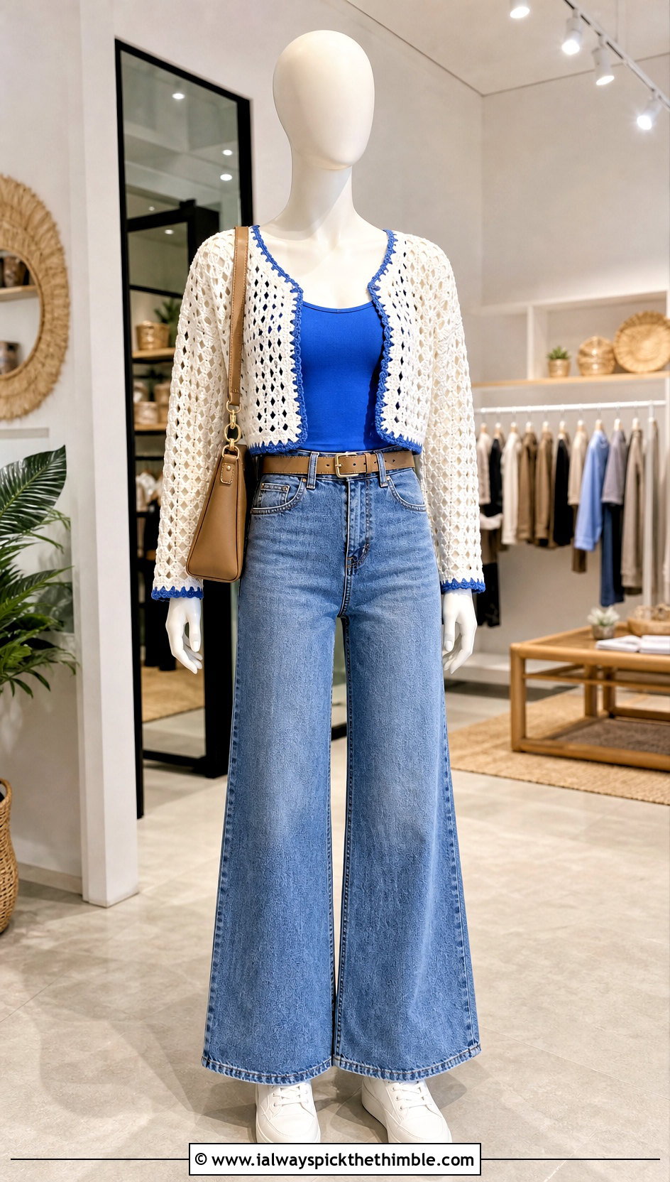 White Cropped Crochet Cardigan With Wide Leg Jeans - 15 White Crochet Cardigan On Mannequin outfit ideas