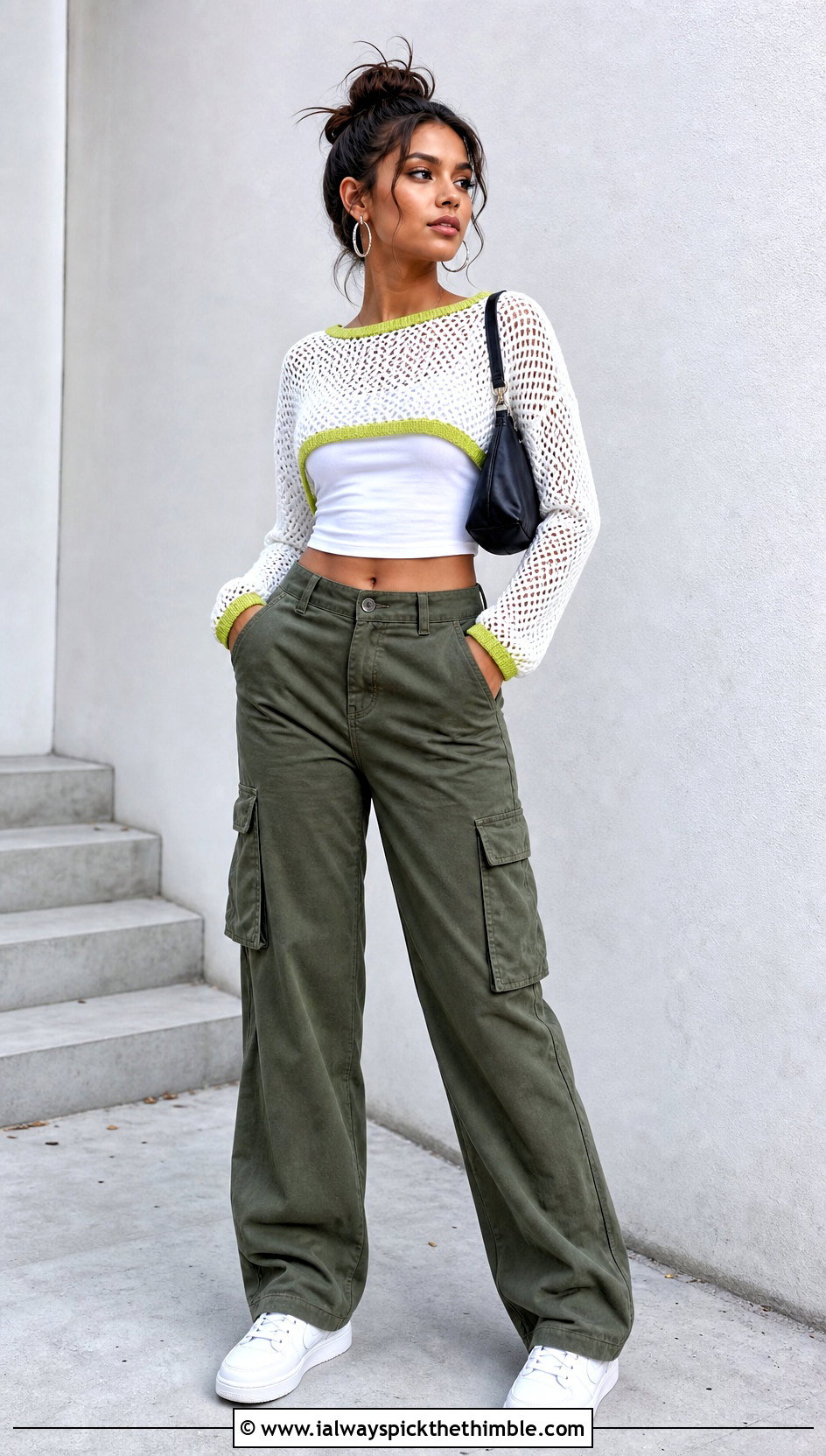White Cropped Mesh Crochet Sweater With Cargo Pants - 25 white crochet sweater outfit ideas
