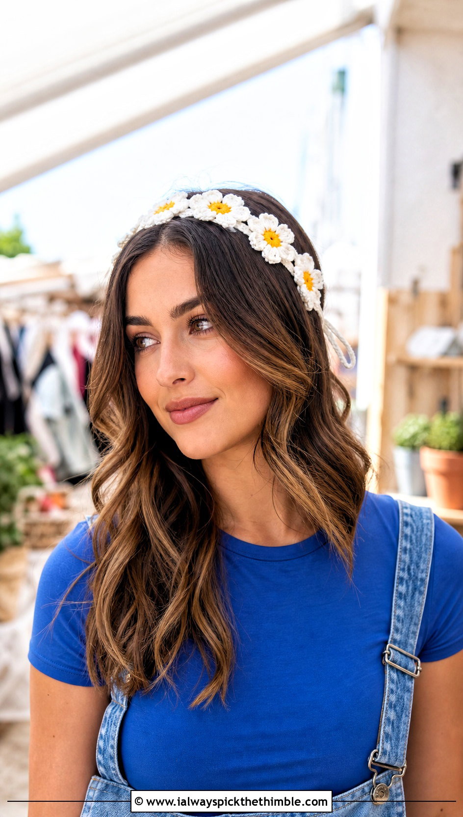 White Daisy Tie Headband With Denim Overalls - 15 white crocheted flower headband outfit ideas