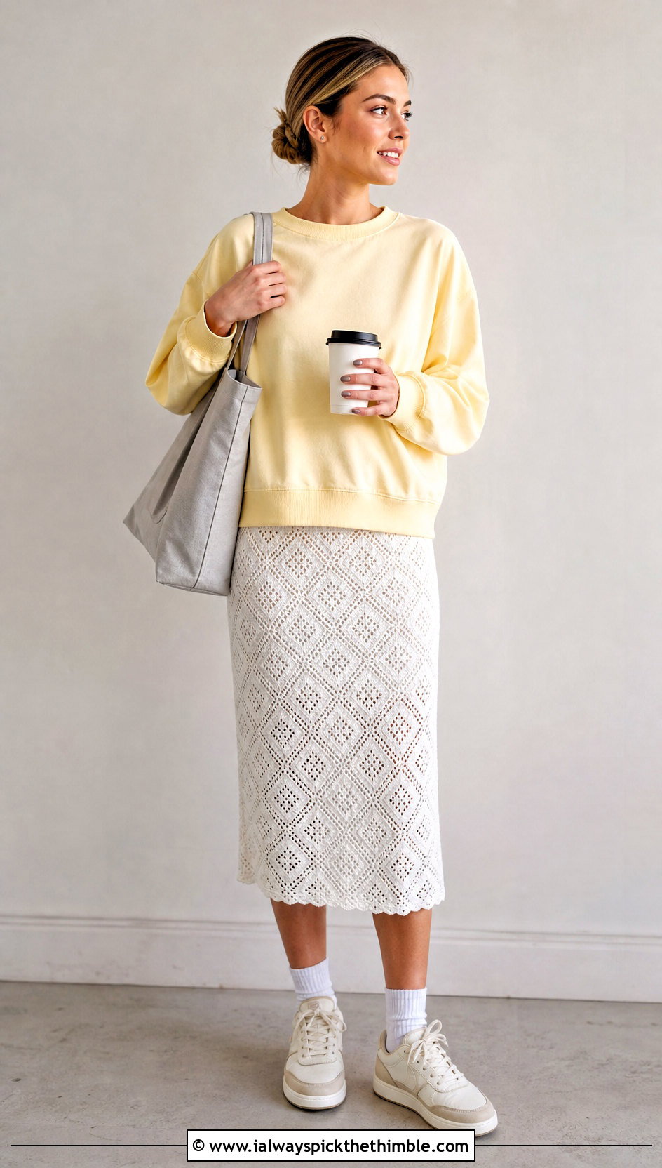 White Diamond Stitch Crochet Skirt With Sweatshirt - 25 White Crochet Skirt Outfit ideas