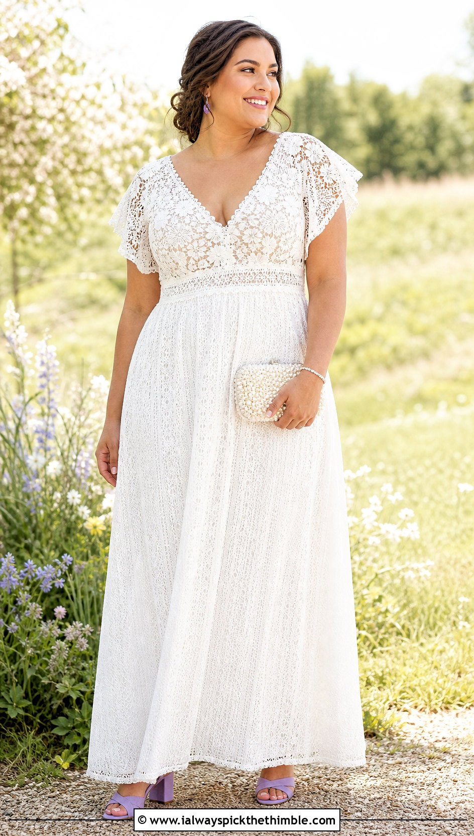 White Empire Waist Crochet Wedding Dress - 20 white crochet wedding dress outfit ideas