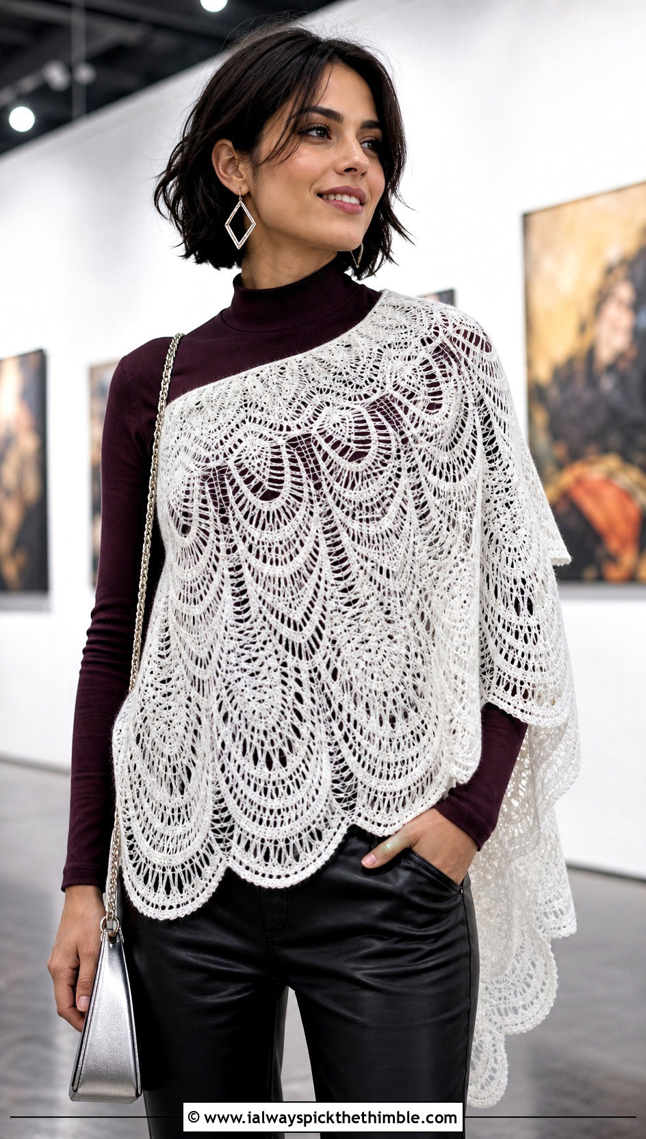 White Feather And Fan Lace Shawl With Leather Pants - 15 White Crocheted Shawl With Intricate outfit ideas