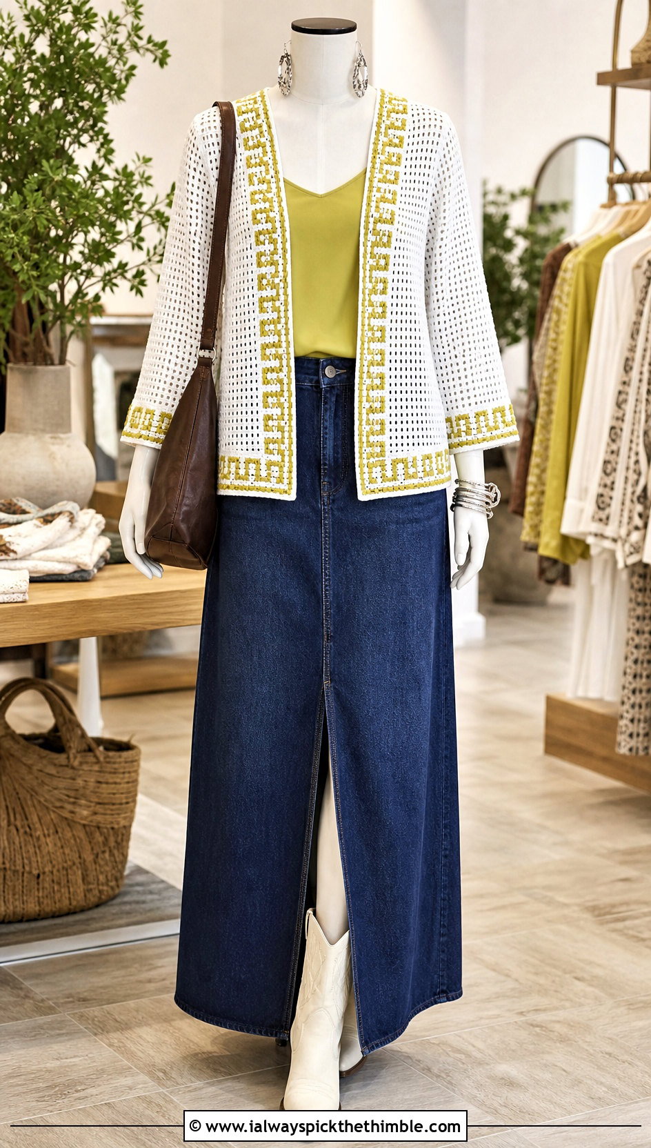 White Filet Crochet Cardigan With Denim Maxi Skirt - 15 White Crochet Cardigan On Mannequin outfit ideas
