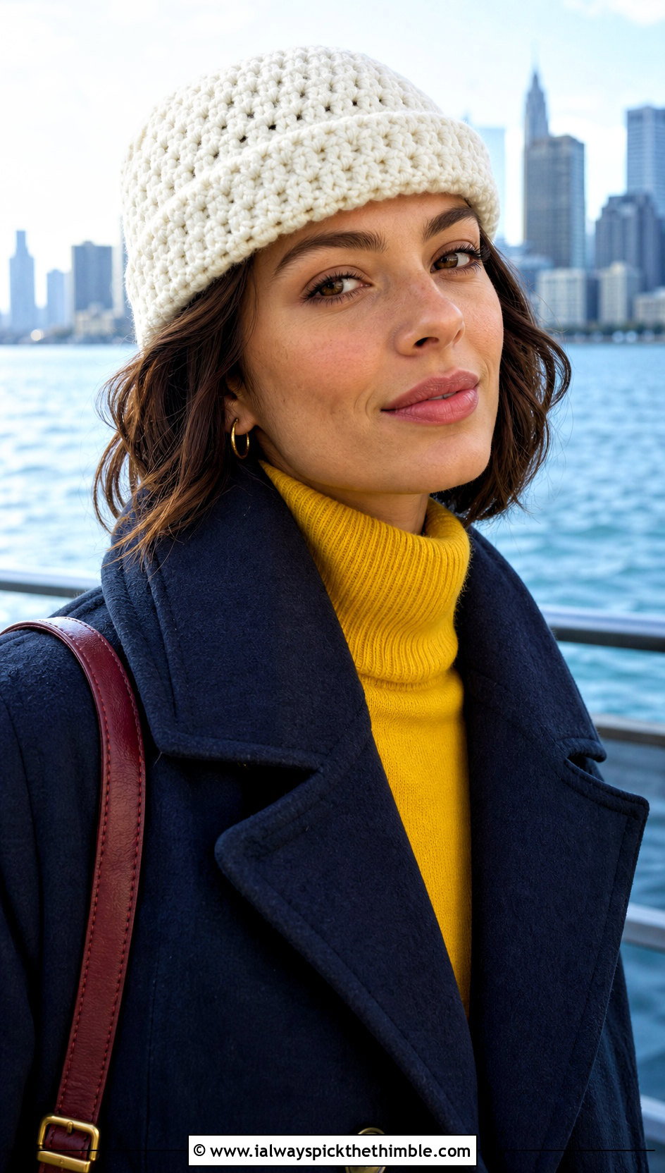 White Fisherman Crochet Beanie With Peacoat And Wide Leg Jeans - 25 white crochet beanie outfit ideas
