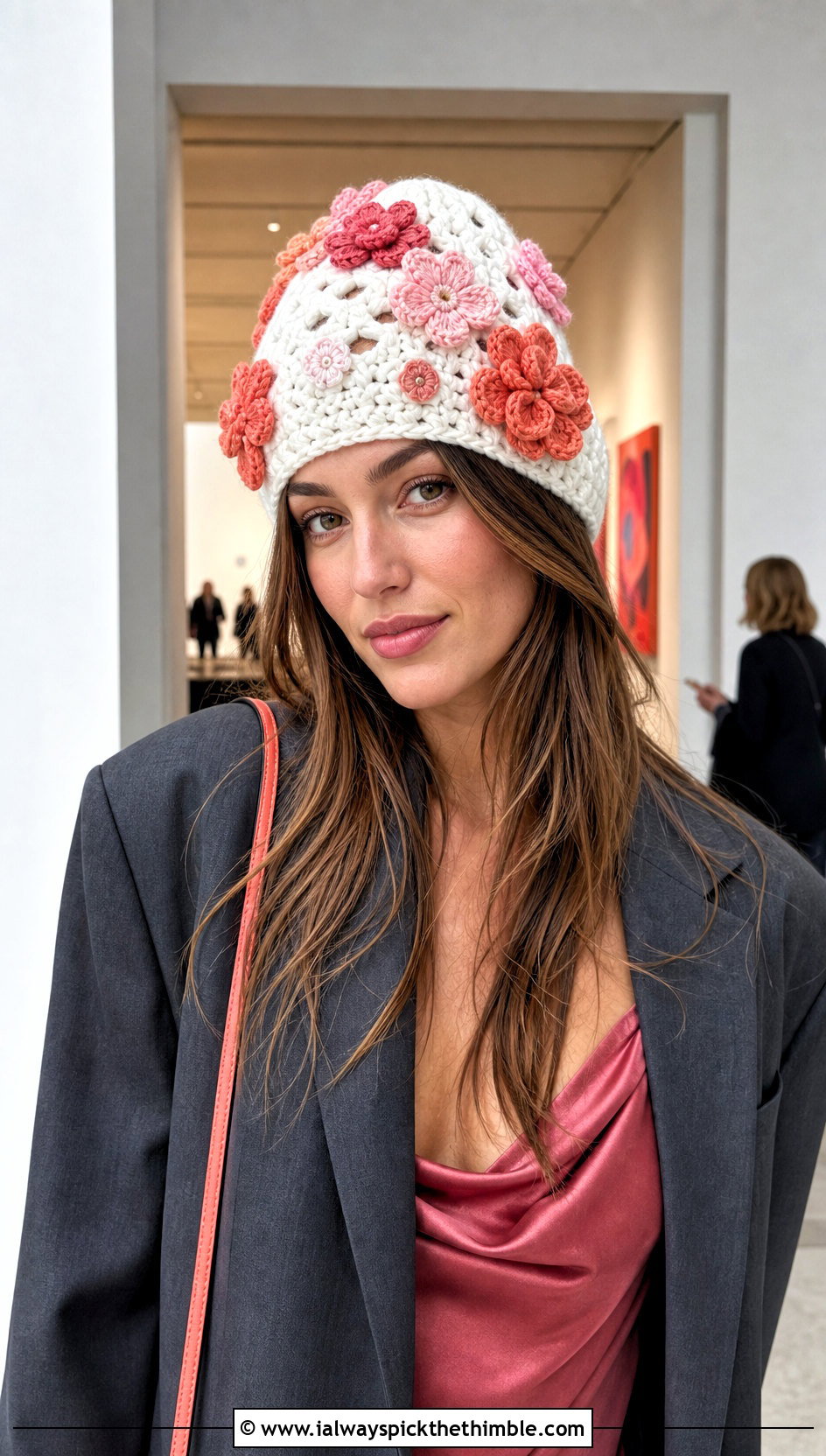 White Floral Applique Crochet Beanie With Blazer And Slip Dress - 25 white crochet beanie outfit ideas
