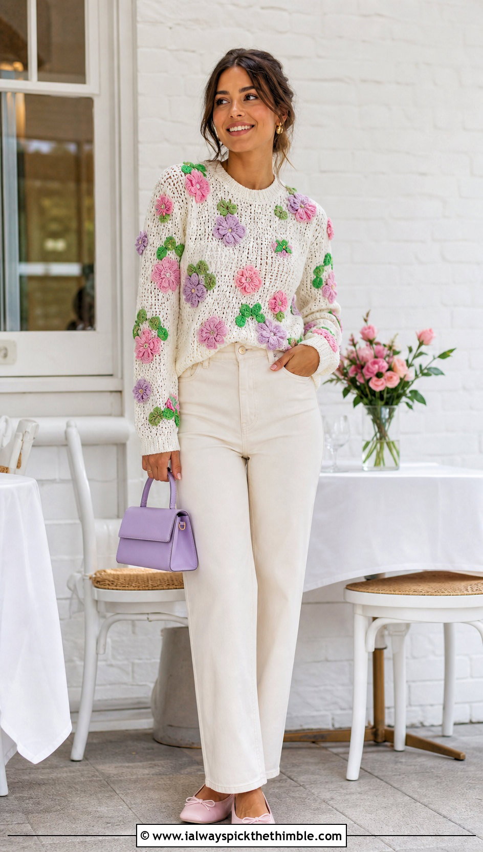 White Floral Applique Crochet Sweater With Ecru Jeans - 25 white crochet sweater outfit ideas