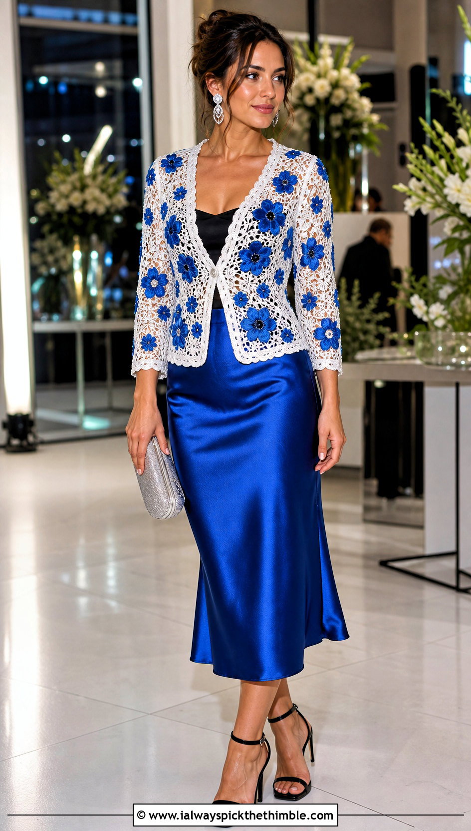 White Floral Motif Crochet Cardigan With Satin Midi Skirt - 15 white crocheted cardigan on table outfit ideas