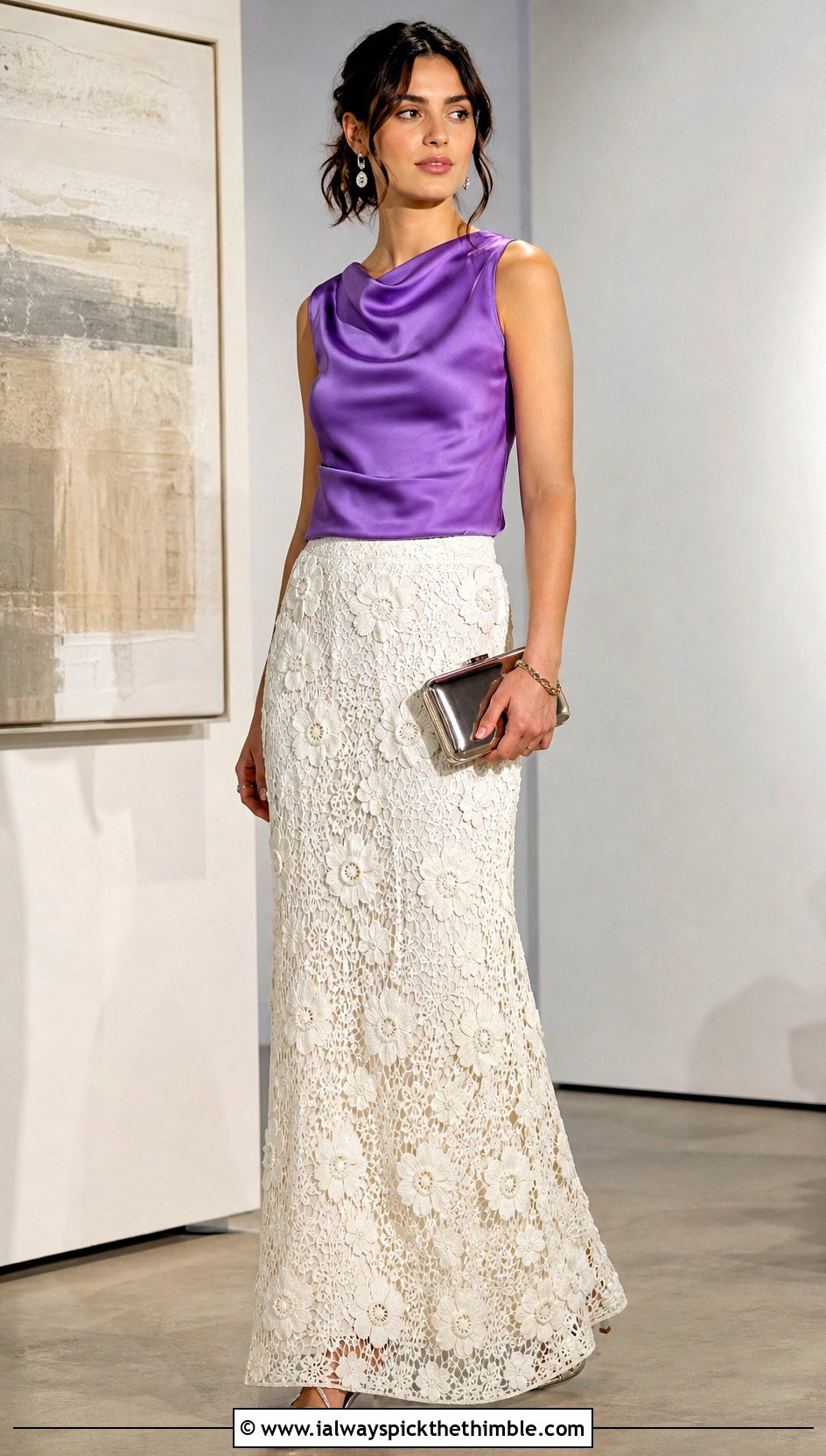 White Floral Motif Crochet Maxi Skirt With Satin Top - 25 White Crochet Skirt Outfit ideas
