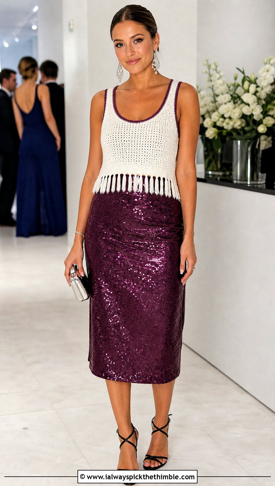 White Fringe Hem Crochet Tank Top With Sequin Skirt - 20 White Crochet Tank Top outfit ideas