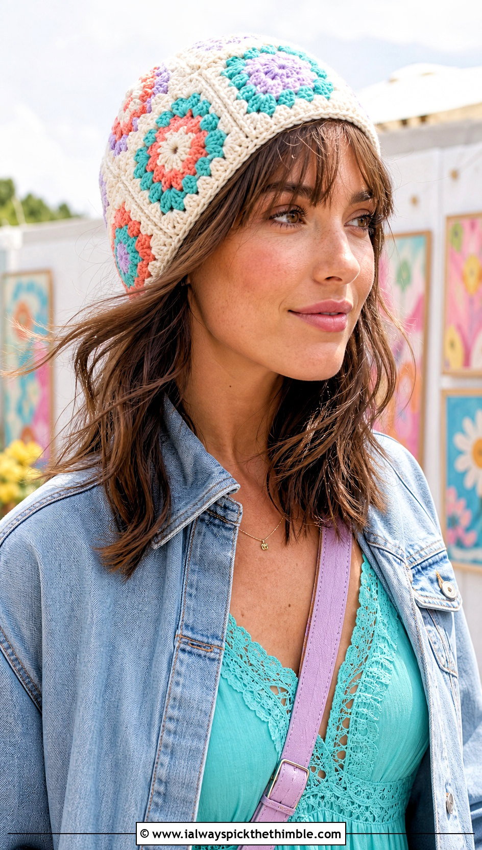White Granny Square Crochet Beanie With Denim Jacket And Maxi Dress - 25 white crochet beanie outfit ideas