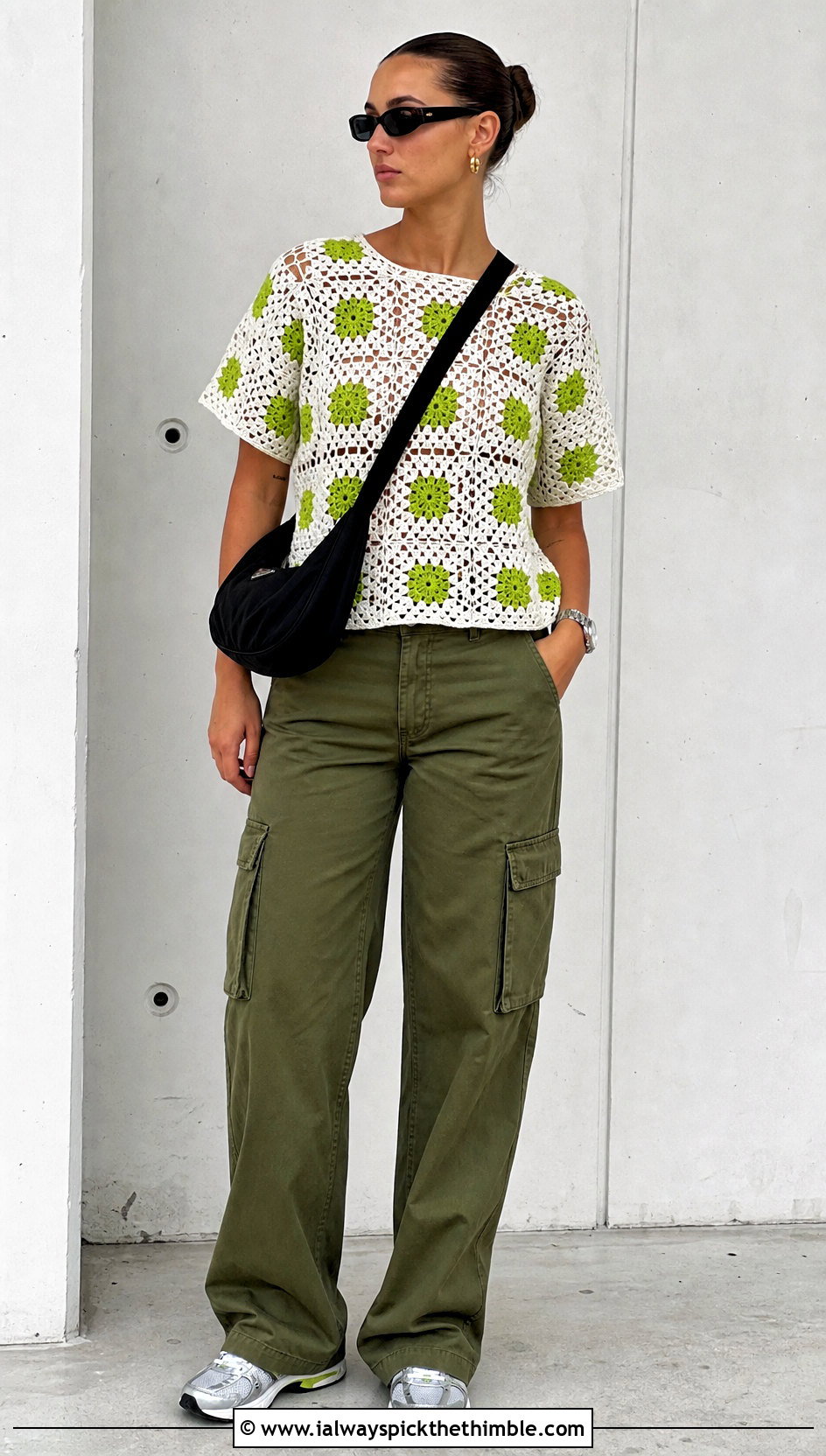 White Granny Square Crochet Blouse With Cargo Pants - 15 white crochet blouse outfit ideas