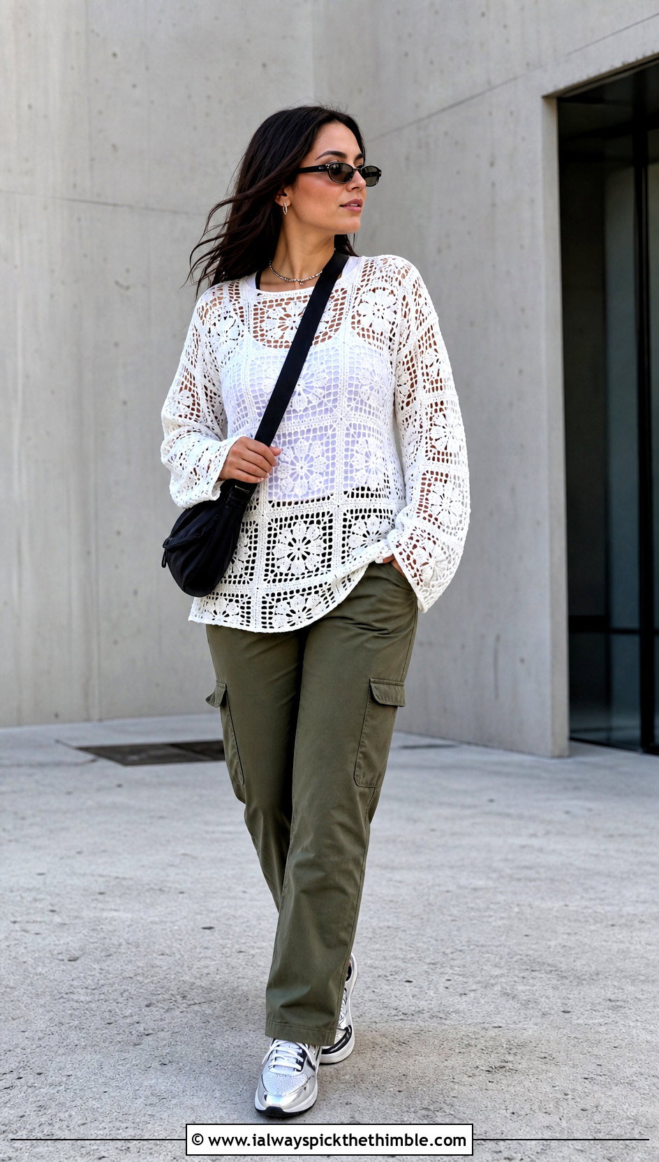 White Granny Square Crochet Blouse With Cargo Pants - 15 white crochet blouse design outfit ideas