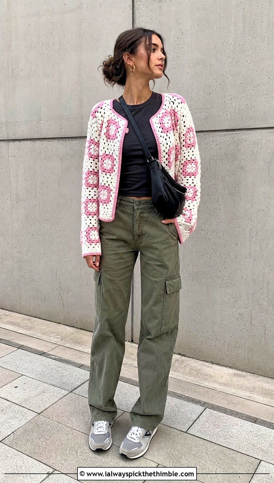 White Granny Square Crochet Cardigan With Cargo Pants - 15 white crocheted cardigan on table outfit ideas