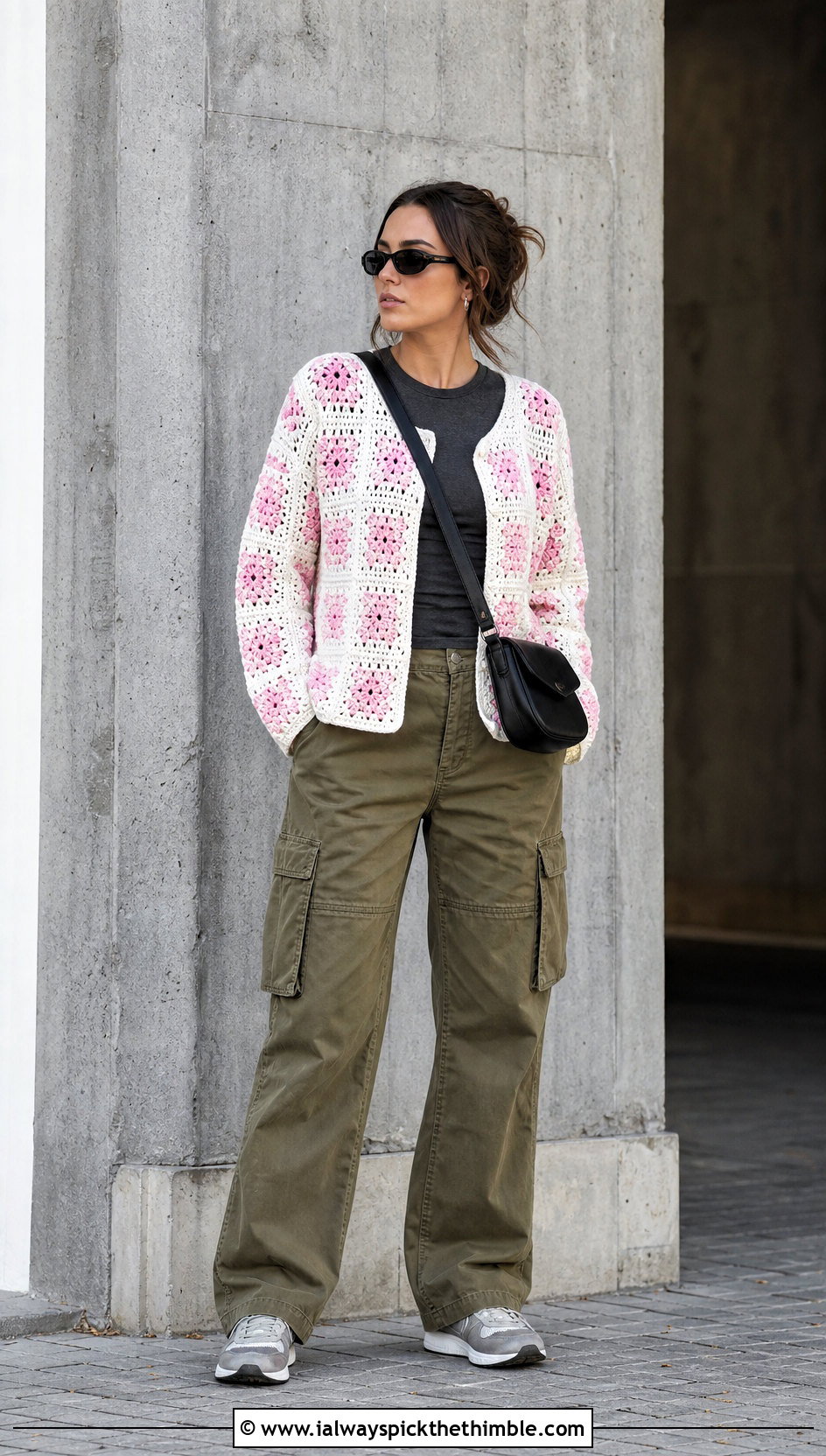 White Granny Square Crochet Cardigan With Cargo Pants - 25 crochet white cardigan outfit ideas