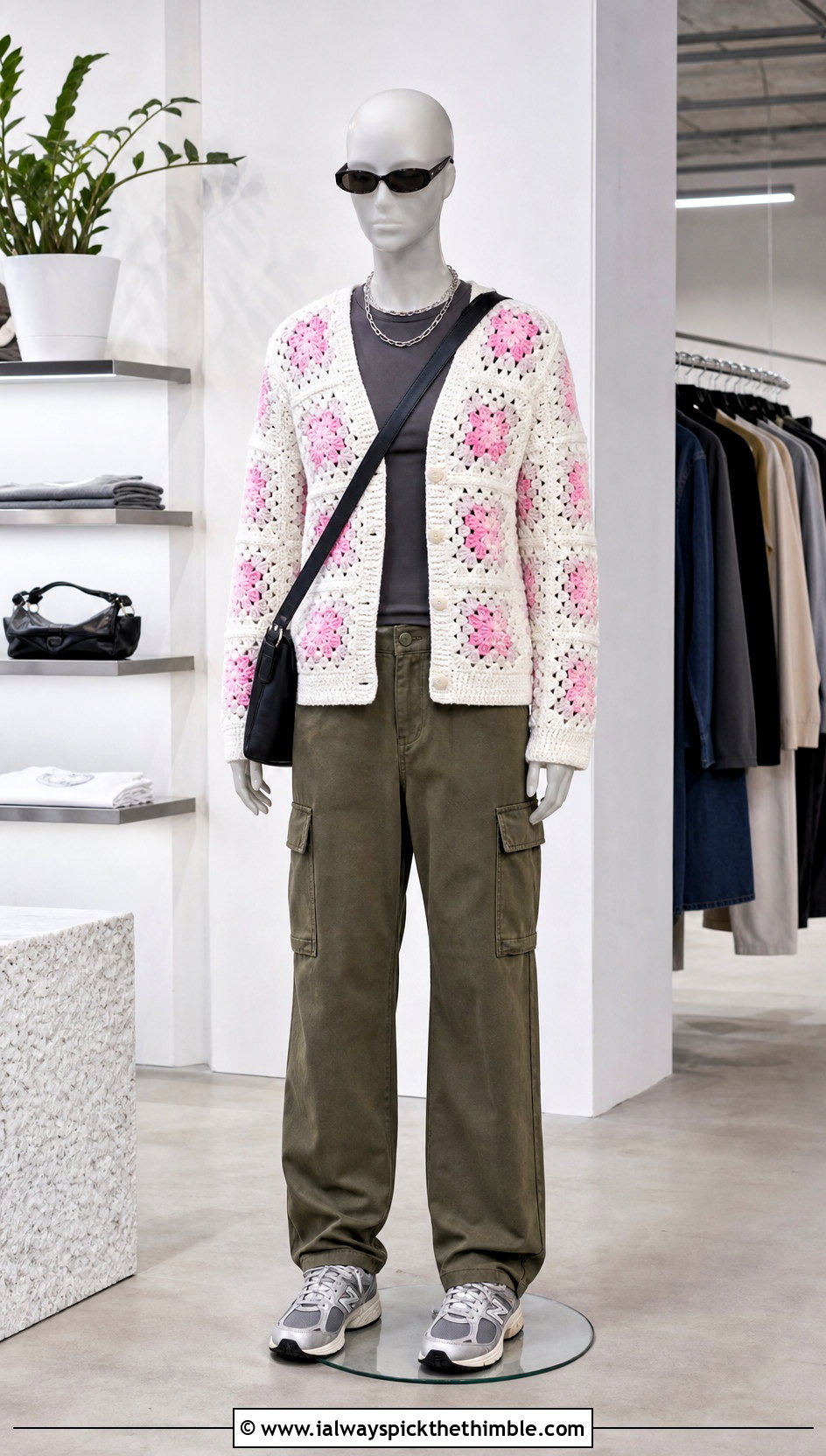 White Granny Square Crochet Cardigan With Cargo Pants - 15 White Crochet Cardigan On Mannequin outfit ideas