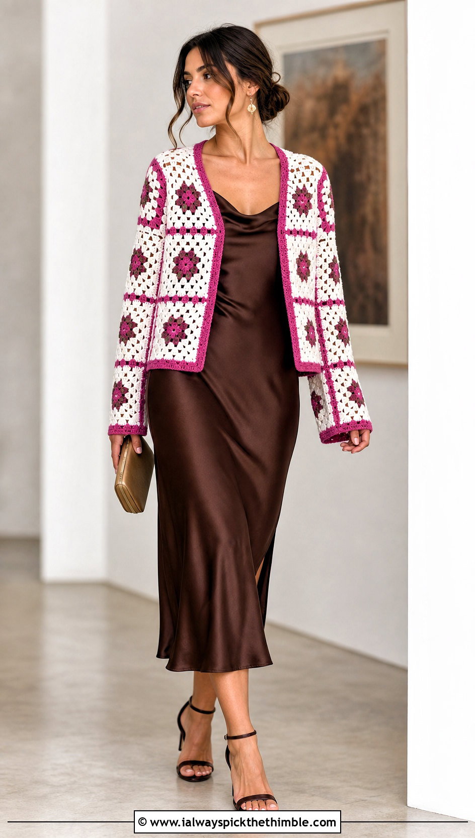 White Granny Square Crochet Cardigan With Satin Slip Dress - 25 White Crochet Cardigan Outfit ideas