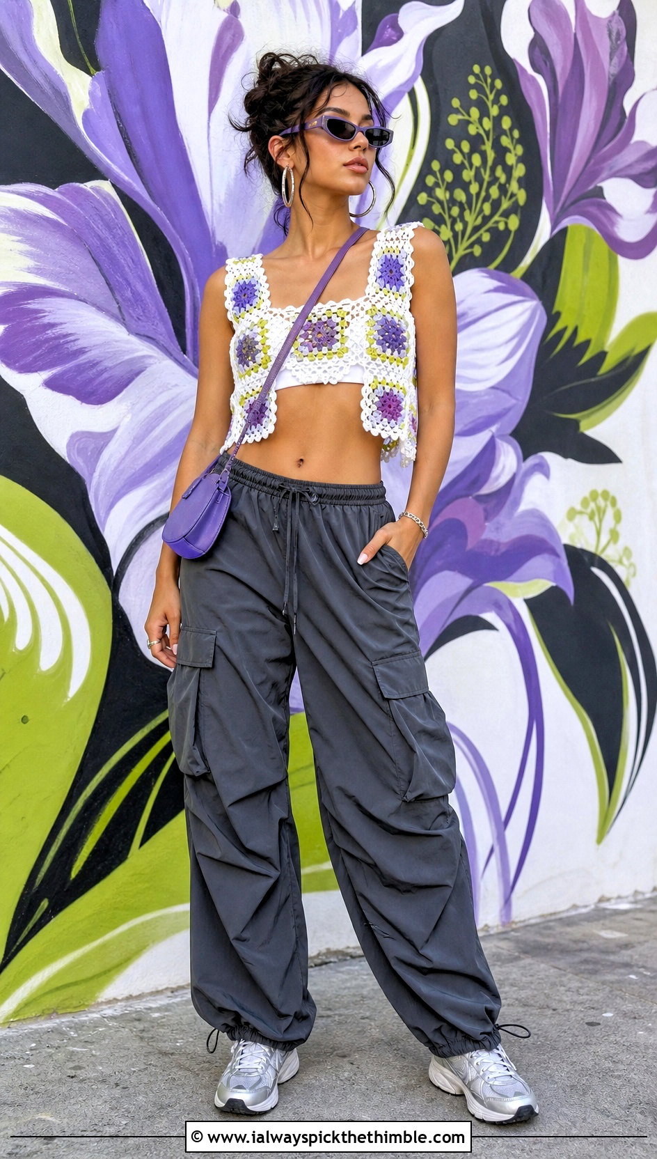 White Granny Square Crochet Crop Top With Cargo Pants - 15 white crochet top on floral background outfit ideas