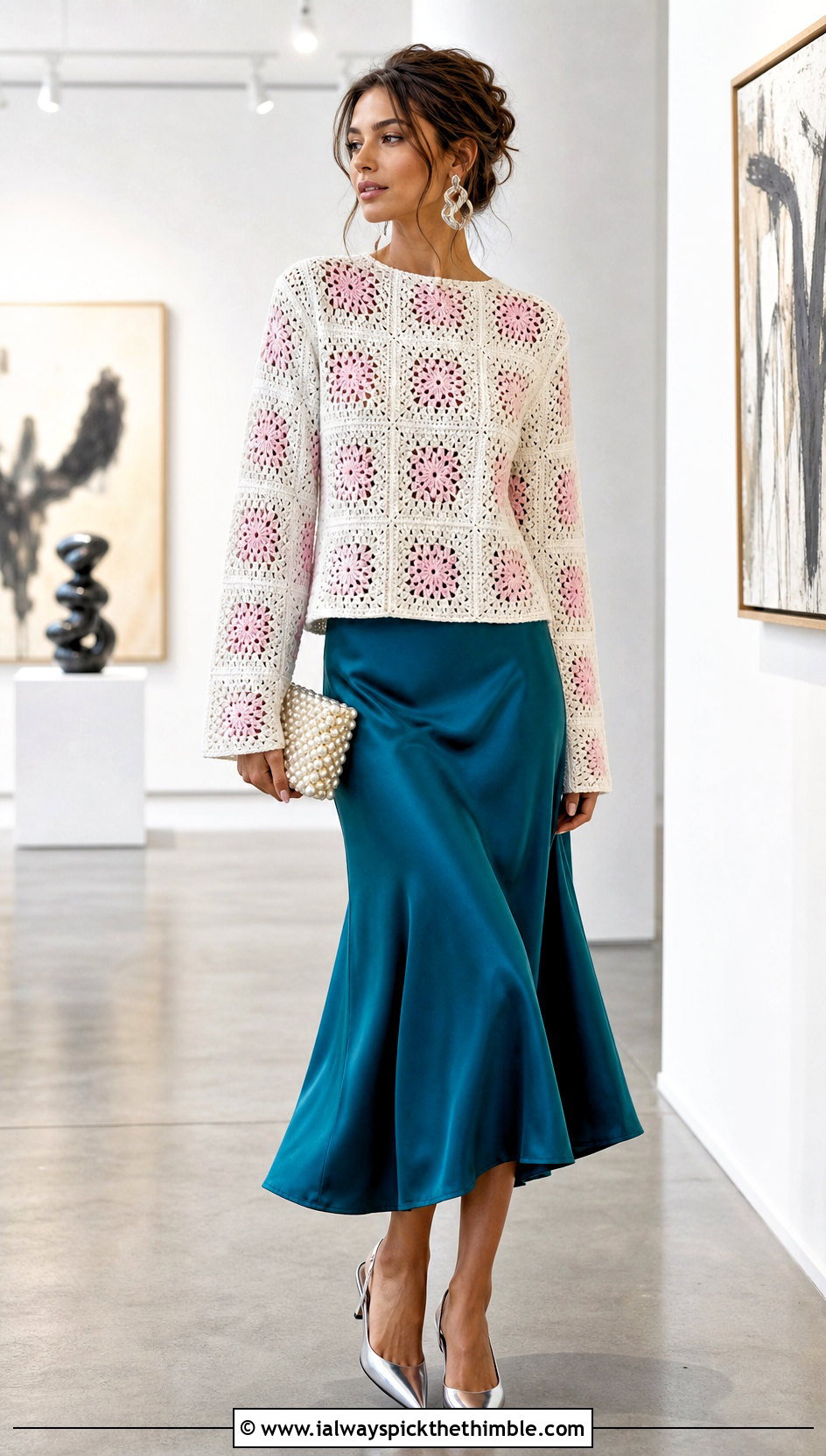 White Granny Square Crochet Sweater With Satin Midi Skirt - 25 white crochet sweater outfit ideas