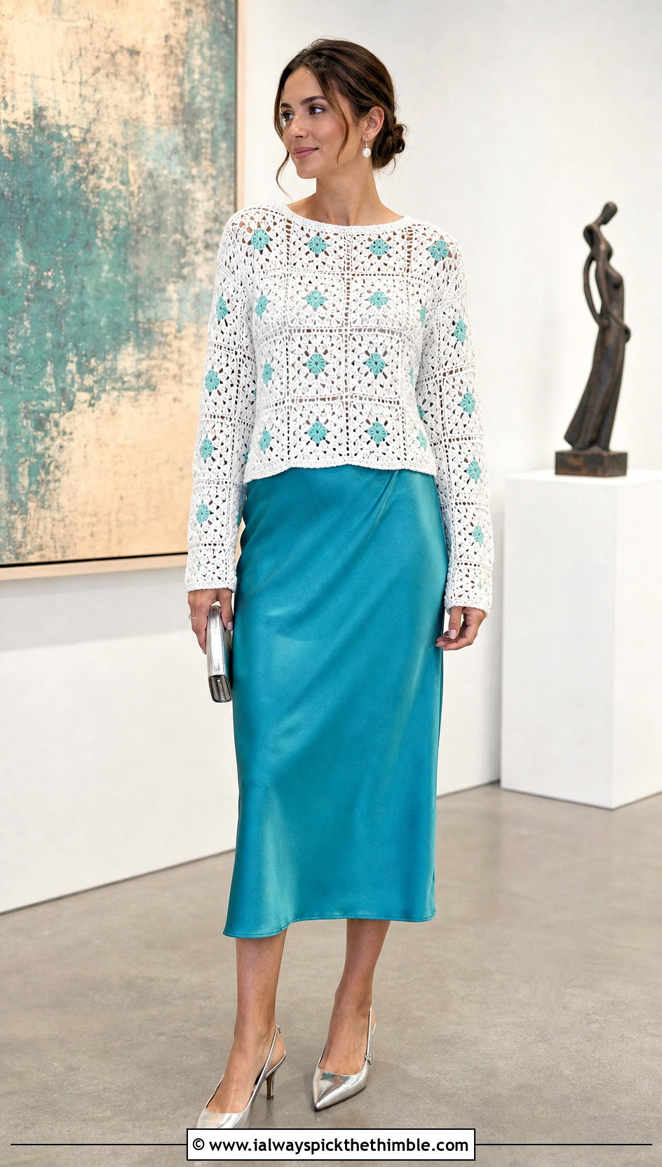 White Granny Square Crochet Sweater With Satin Midi Skirt - 25 crochet white sweater outfit ideas