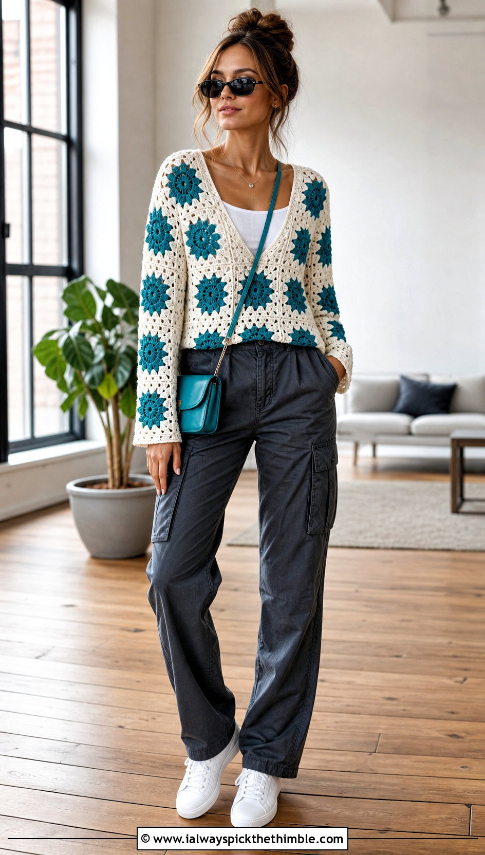 White Granny Square Crochet Top With Cargo Pants - 15 white crochet top on wooden floor outfit ideas