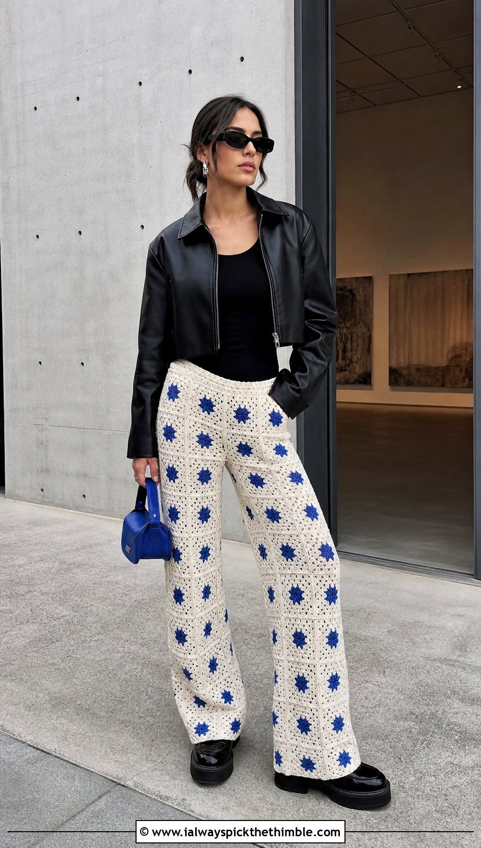 White Granny Square Crochet Trousers With Leather Jacket - 20 White Crochet Trousers outfit ideas
