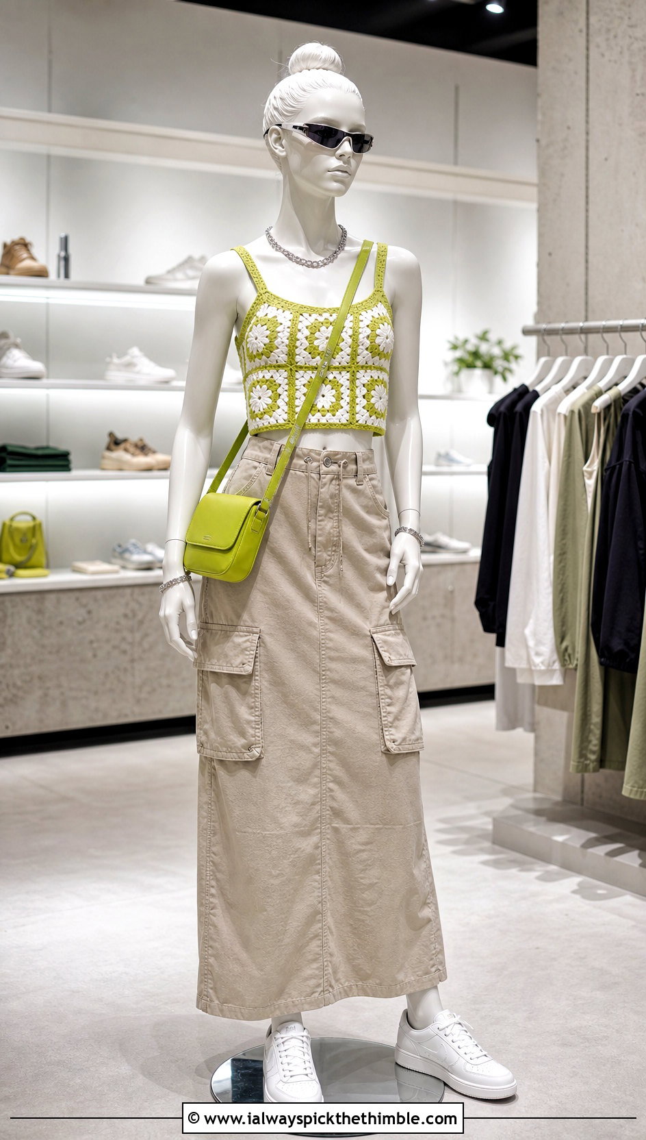White Granny Square Crop Top With Cargo Maxi Skirt - 15 white crochet top on mannequin outfit ideas