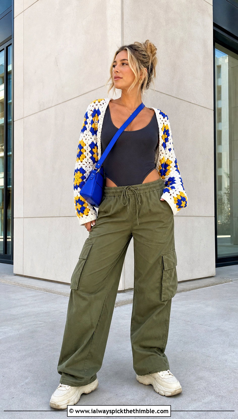White Granny Square Patchwork Shrug With Cargo Pants - 20 White Crochet Shrug outfit ideas