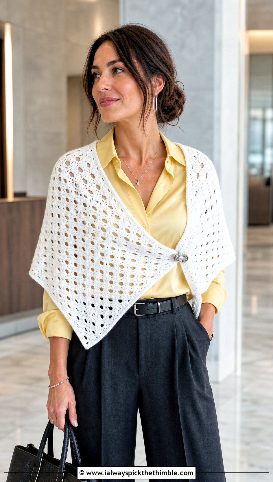 White Granny Stitch Triangle Shawl With Tailored Trousers - 15 White Crocheted Shawl With Intricate outfit ideas