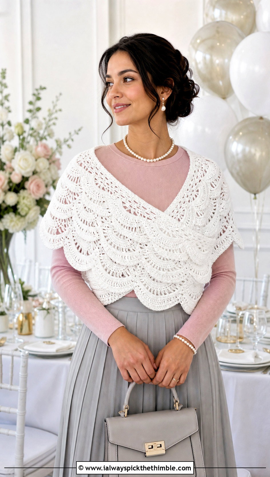 White Half Circle Shell Stitch Shawl With Pleated Skirt - 15 White Crocheted Shawl With Intricate outfit ideas