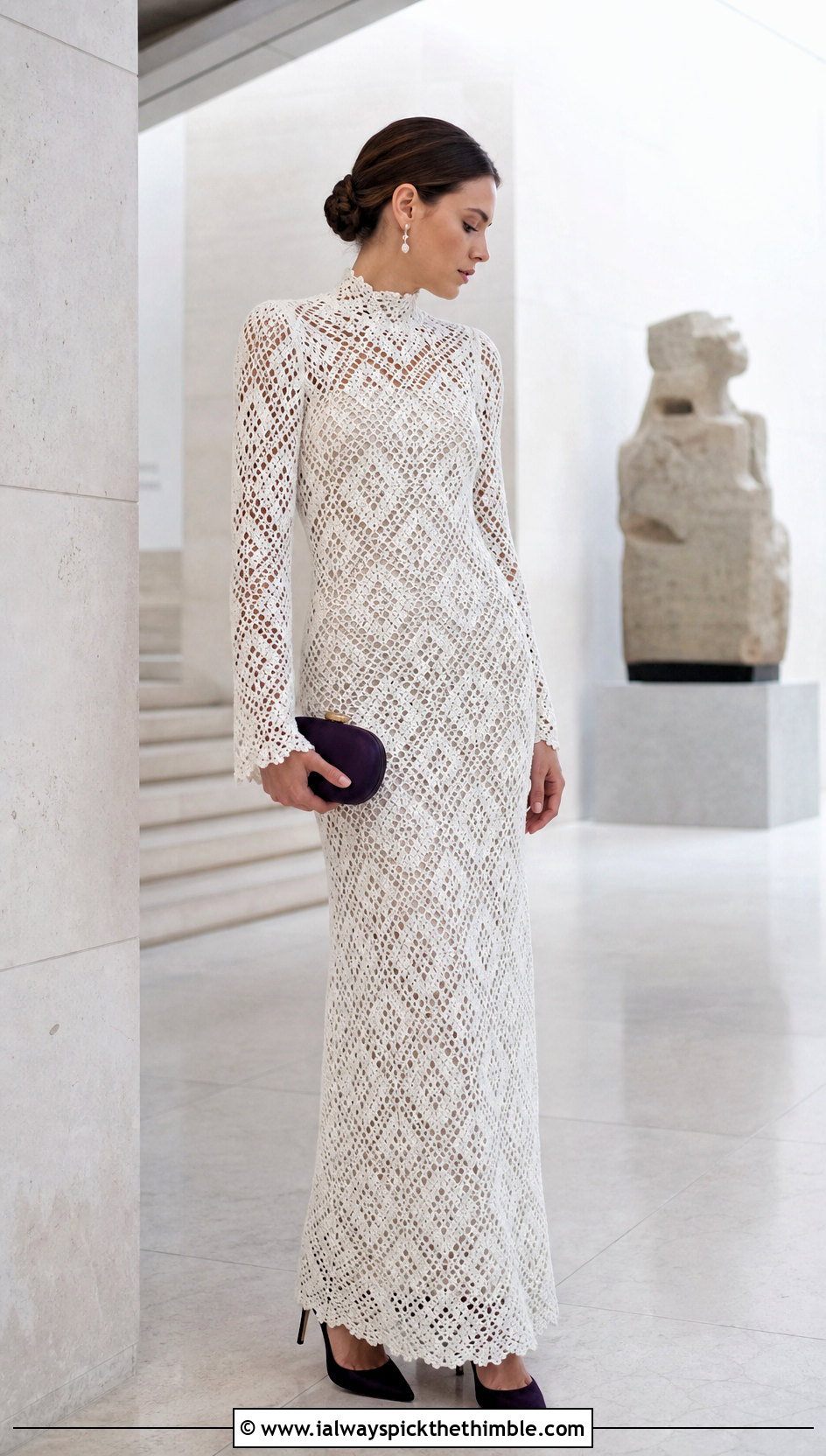 White High Neck Crochet Column Wedding Dress - 20 white crochet wedding dress outfit ideas