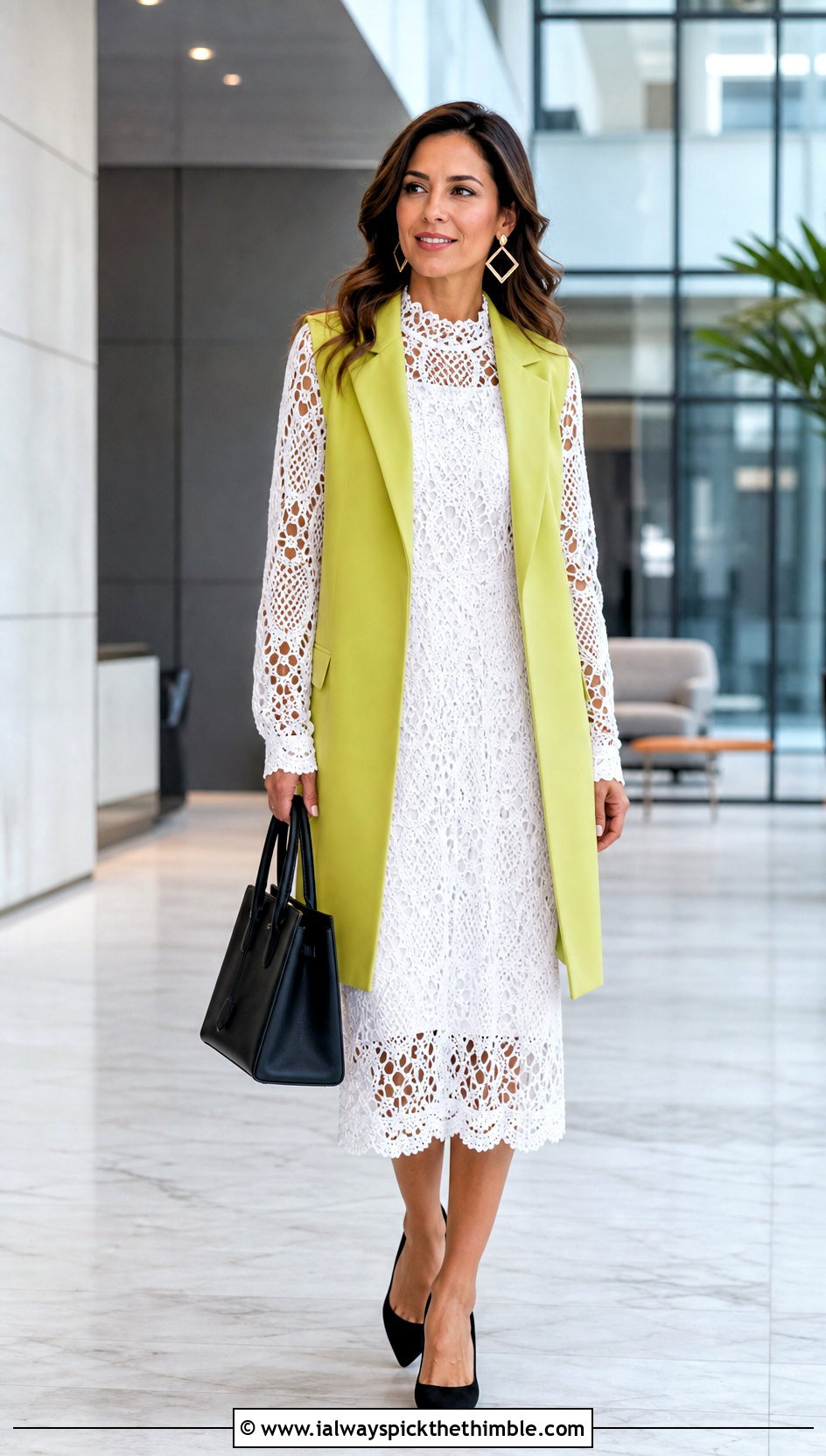 White High Neck Crochet Lace Dress With Long Vest - 15 white lace crochet dress outfit ideas