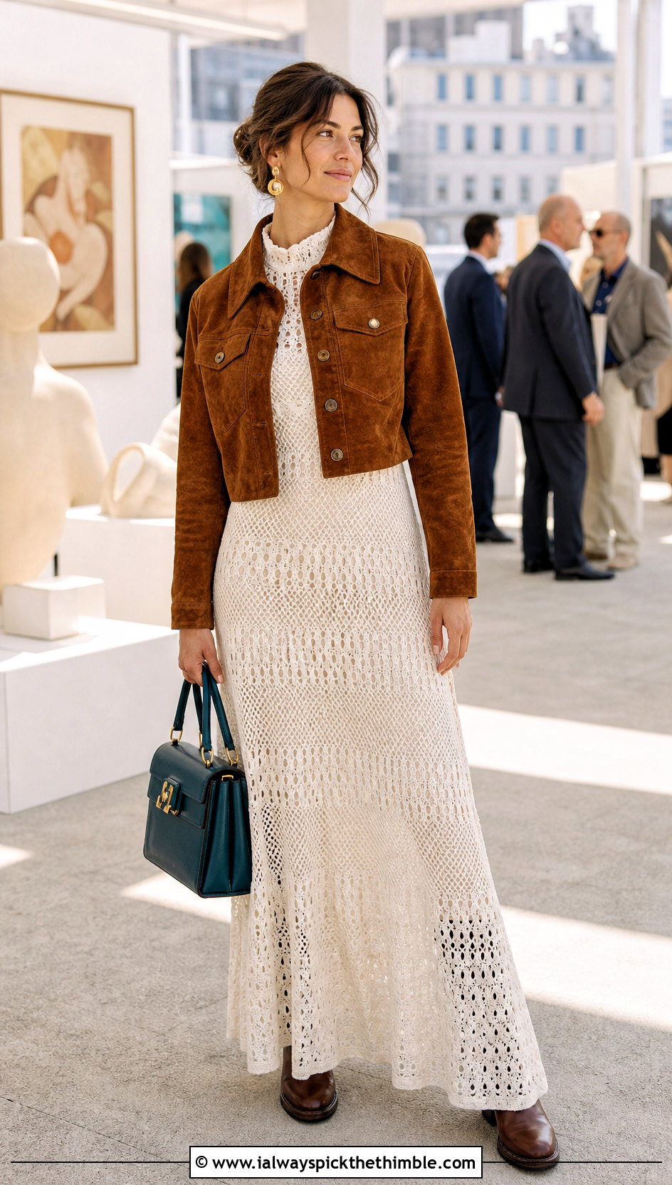 White High Neck Long Crochet Dress With Suede Jacket - 20 white long crochet dress outfit ideas