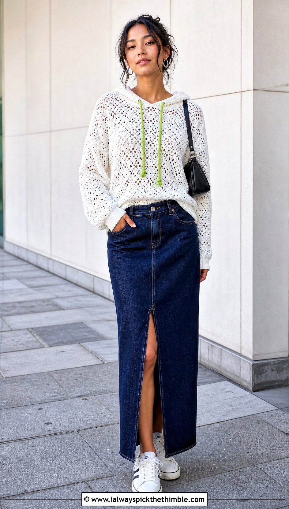 White Hooded Crochet Sweater With Denim Maxi Skirt - 25 white crochet sweater outfit ideas