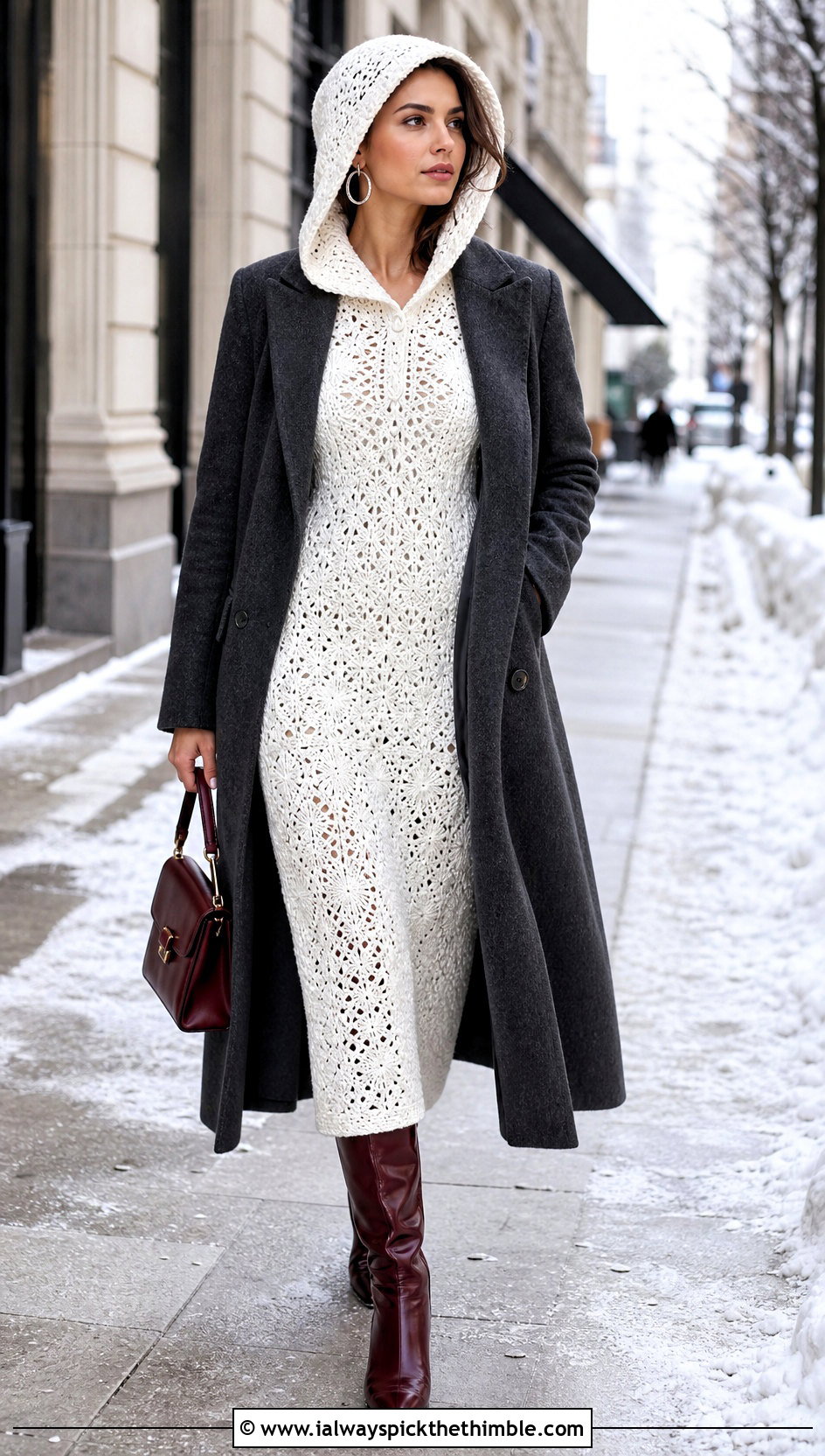 White Hooded Long Crochet Dress With Wool Coat - 20 white long crochet dress outfit ideas