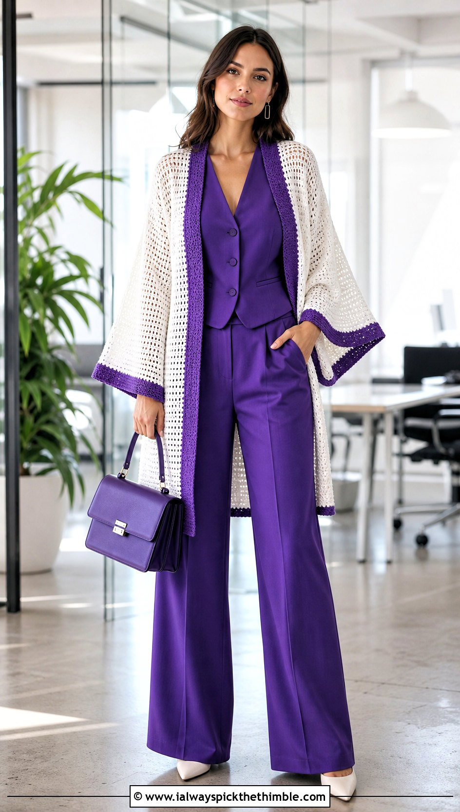 White Kimono Sleeve Crochet Cardigan With Suit Vest And Trousers - 25 crochet white cardigan outfit ideas