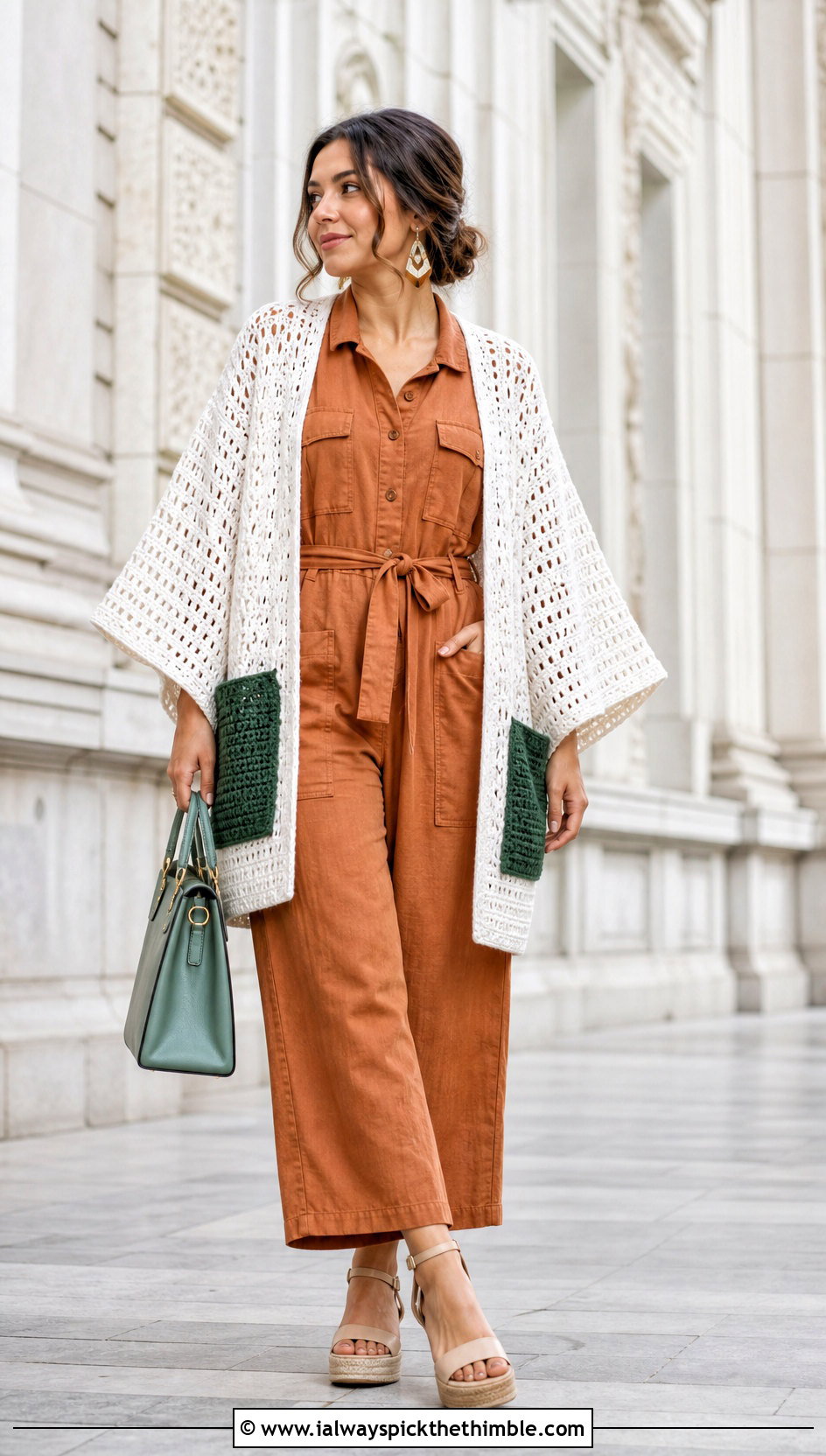 White Kimono Sleeve Crochet Cardigan With Utility Jumpsuit - 25 White Crochet Cardigan Outfit ideas