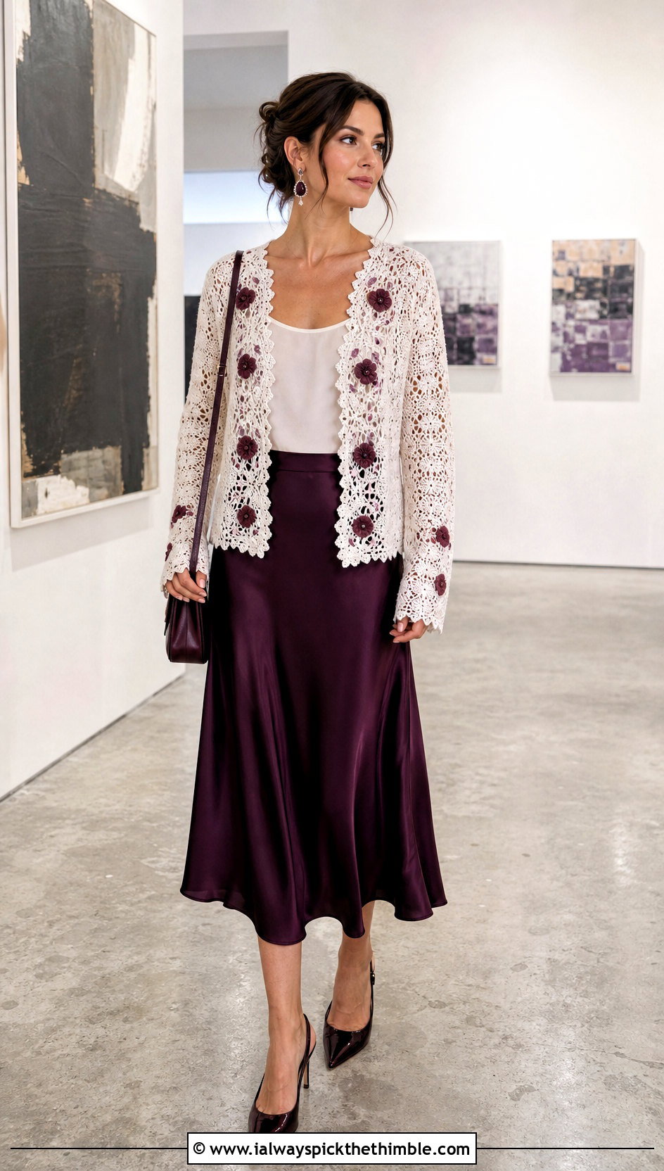 White Lace Crochet Cardigan With Satin Slip Skirt - 25 White Crochet Outfit ideas