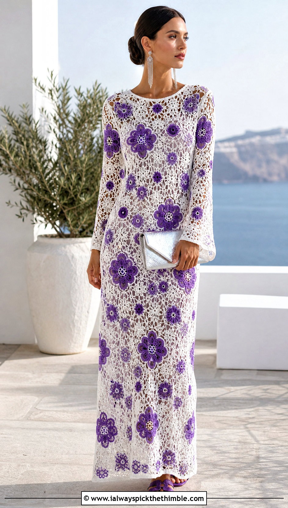 White Lace Crochet Maxi Dress With Colorful Flats - 15 summer white crochet outfit ideas