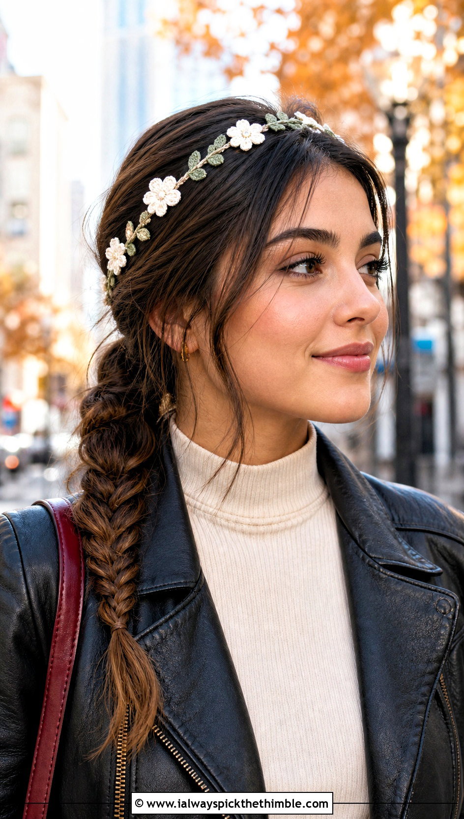 White Leafy Vine Flower Headband With Leather Jacket - 15 white crocheted flower headband outfit ideas