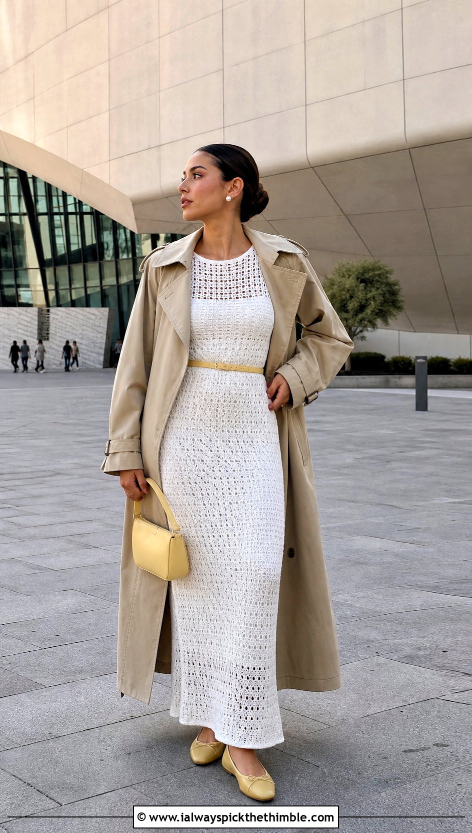 White Long Sleeve Crochet Maxi Dress With Trench Coat - 20 white long crochet dress outfit ideas