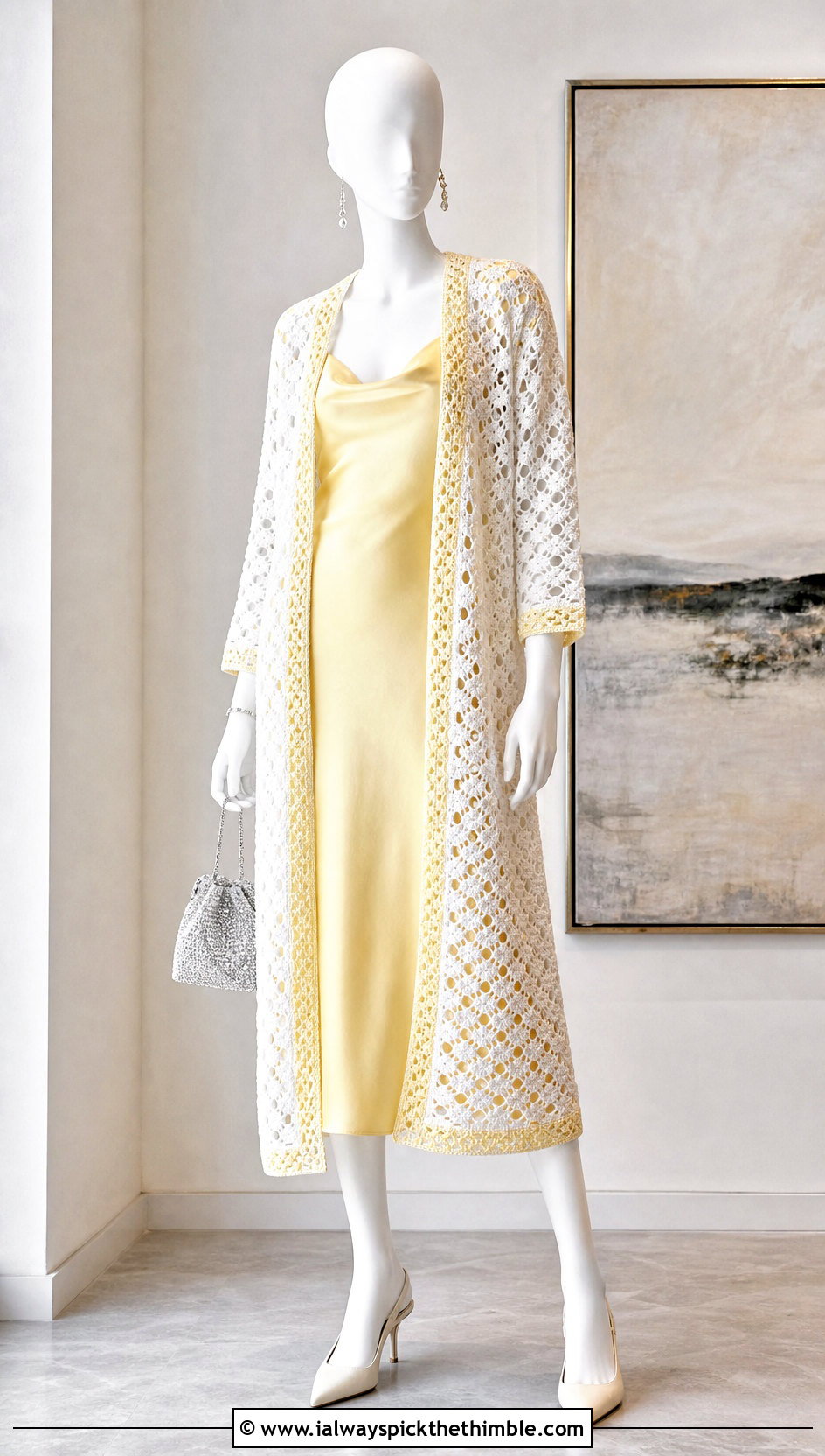 White Longline Crochet Cardigan With Satin Slip Dress - 15 White Crochet Cardigan On Mannequin outfit ideas