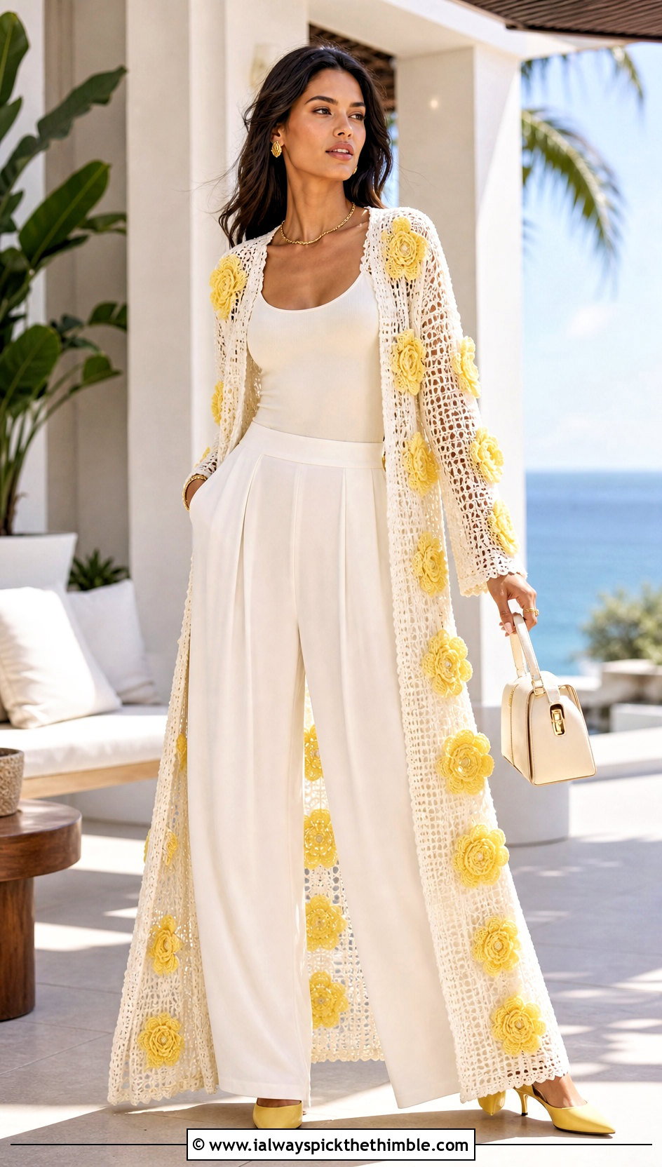 White Longline Crochet Duster With White Trousers - 25 White Crochet Cardigan Outfit ideas