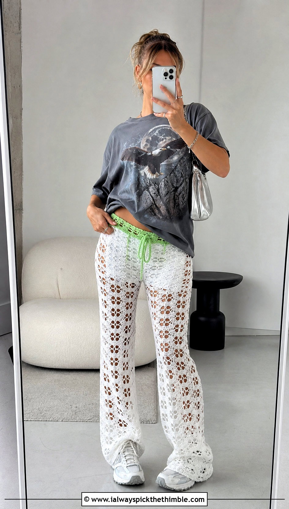 White Low Rise Crochet Trousers With Oversized T Shirt - 20 White Crochet Trousers outfit ideas