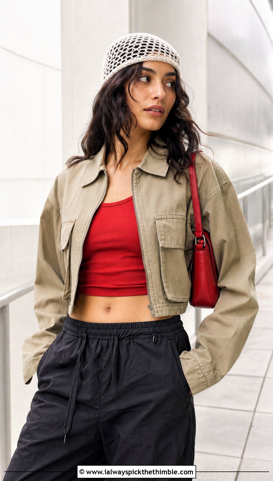 White Mesh Crochet Beanie With Utility Jacket And Parachute Pants - 25 white crochet beanie outfit ideas