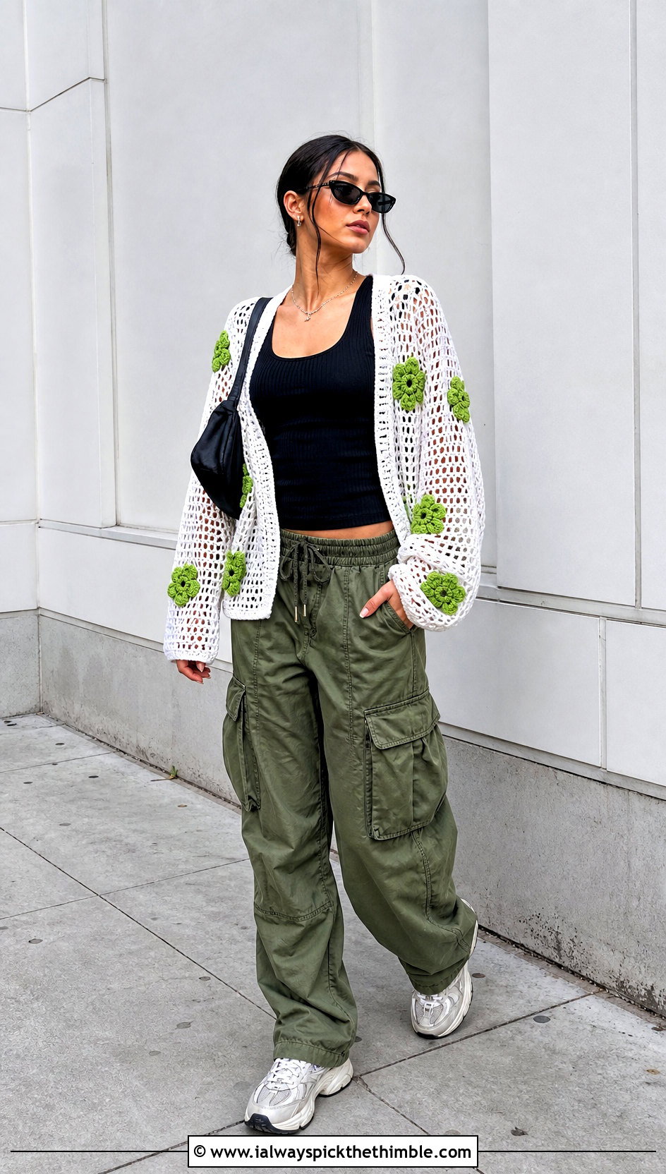 White Mesh Crochet Cardigan With Cargo Pants - 25 White Crochet Cardigan Outfit ideas
