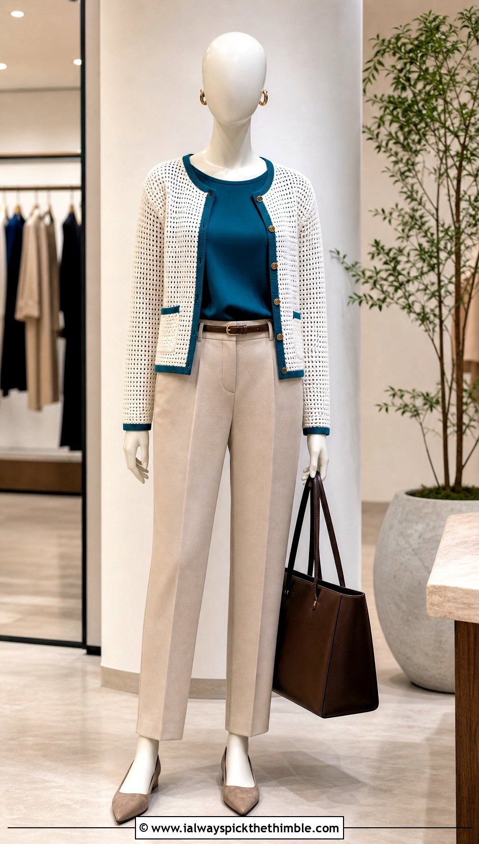 White Mesh Crochet Cardigan With Tailored Trousers - 15 White Crochet Cardigan On Mannequin outfit ideas